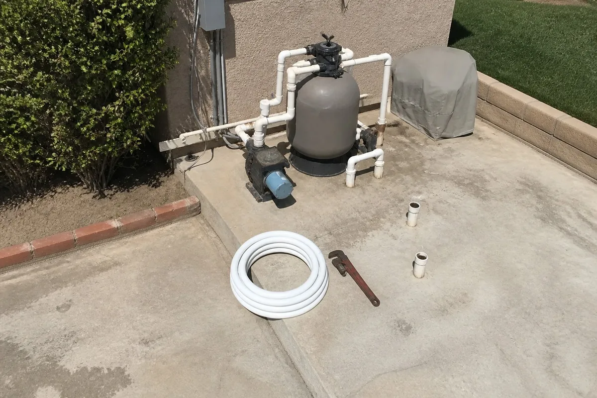 New pipe, a wrench and cut pipe stubs laid out on the concrete beside the pool equipment pad