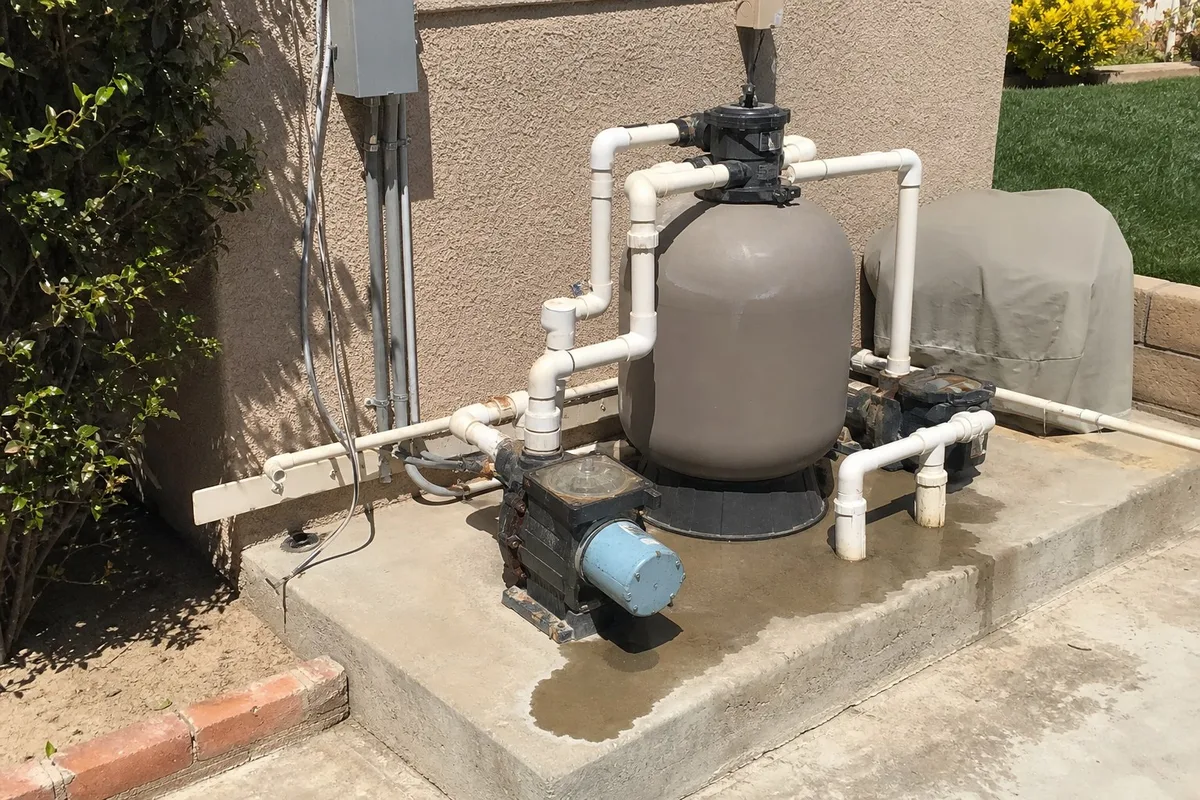An old single-speed pool pump with a rust-stained motor on a concrete equipment pad in a Los Angeles back yard
