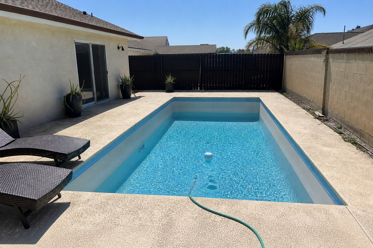 A backyard pool with the water lowered well below the tile line while a garden hose refills it with fresh water
