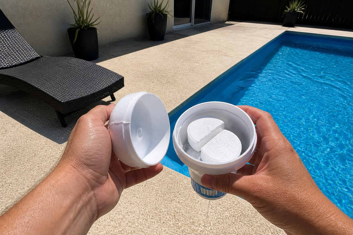 Hands holding an opened floating chlorine dispenser with two white tablets inside, beside a sunlit pool