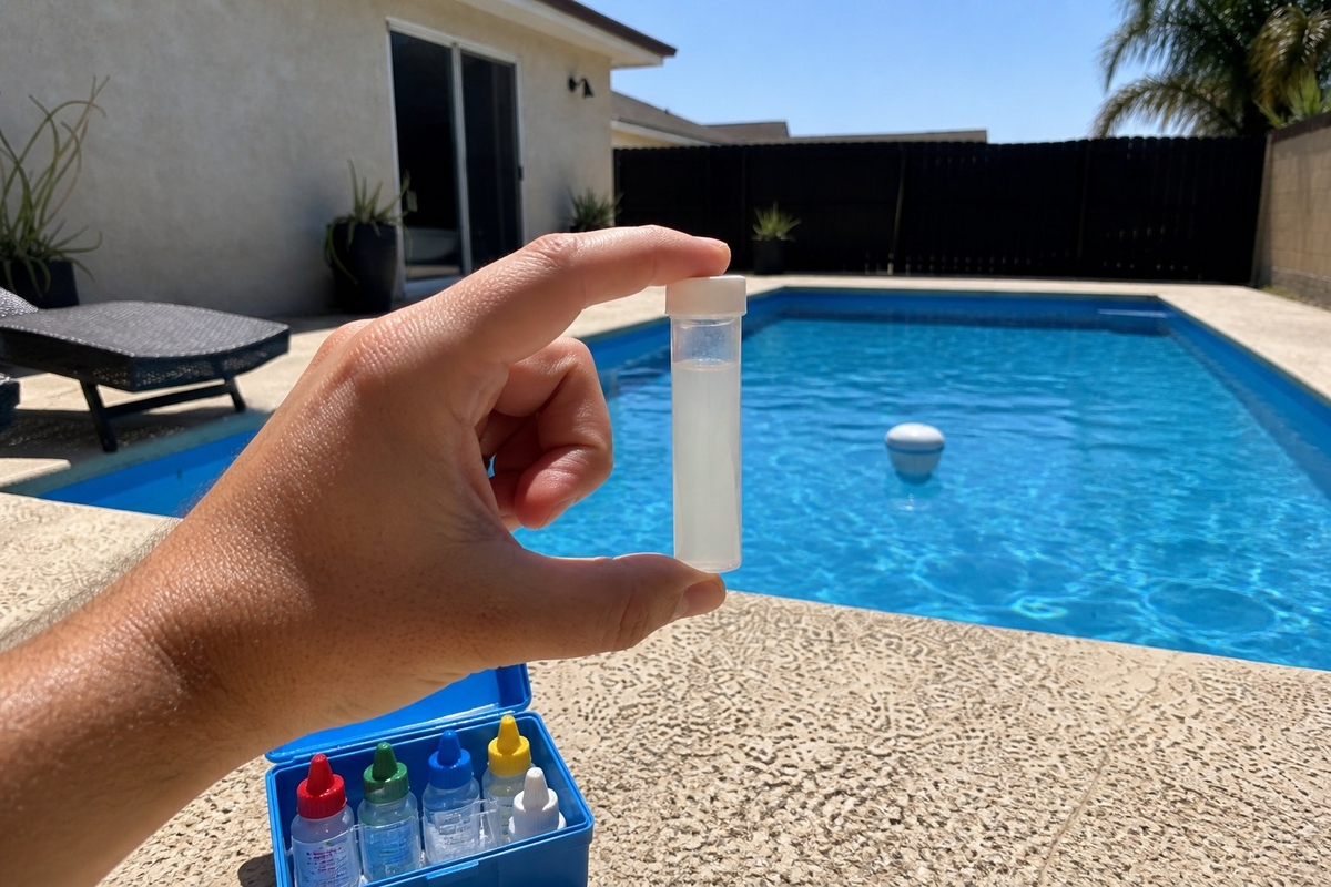 A hand holding a test tube of cloudy white pool water from a cyanuric acid test, with a drop test kit on the deck and the pool behind