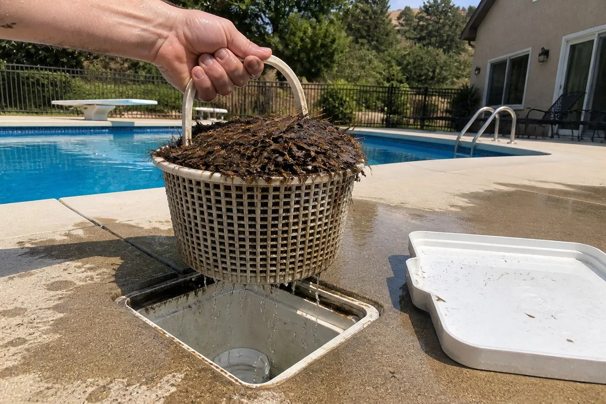 A pool skimmer basket lifted out full of wet leaves, with the skimmer lid set aside on the deck