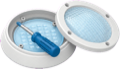 An opened pool light fixture with a screwdriver