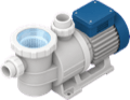 A pool pump: motor, clear basket lid and two pipe stubs