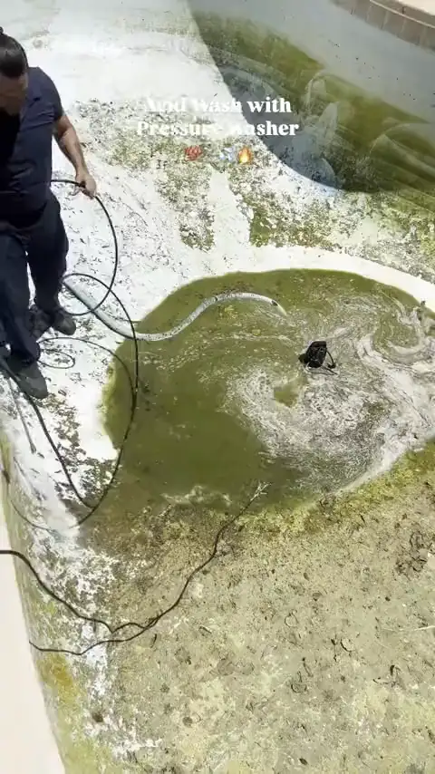 Acid wash and pressure washer taking a pool back to white