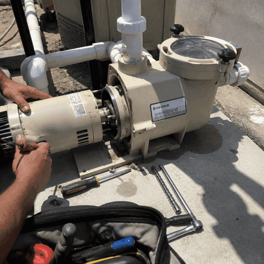 A pool pump opened up on the equipment pad