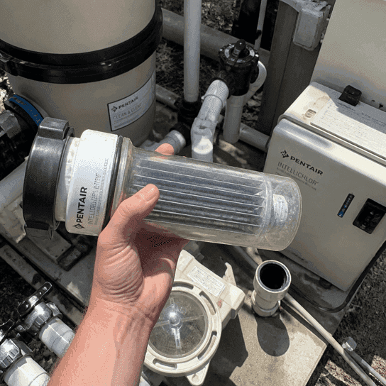 A salt chlorinator cell taken off the plumbing